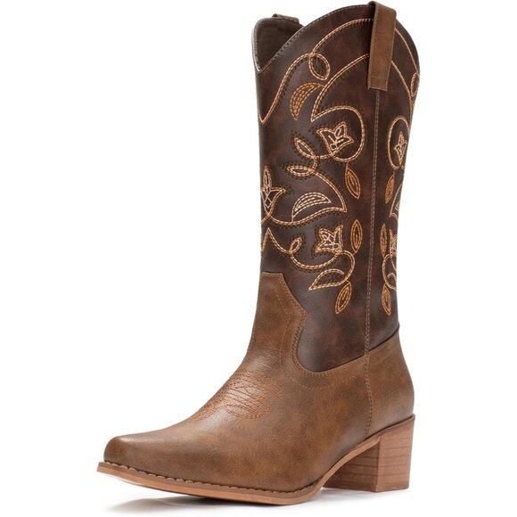 Women's Dark Brown Pointy Toe Faux Leather Western Cowgirl Mid Calf Boots - Picture 1 of 8